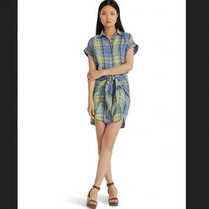 Lauren Ralph Lauren Plaid Tie Front Linen Shirtdress Black Label Size 12